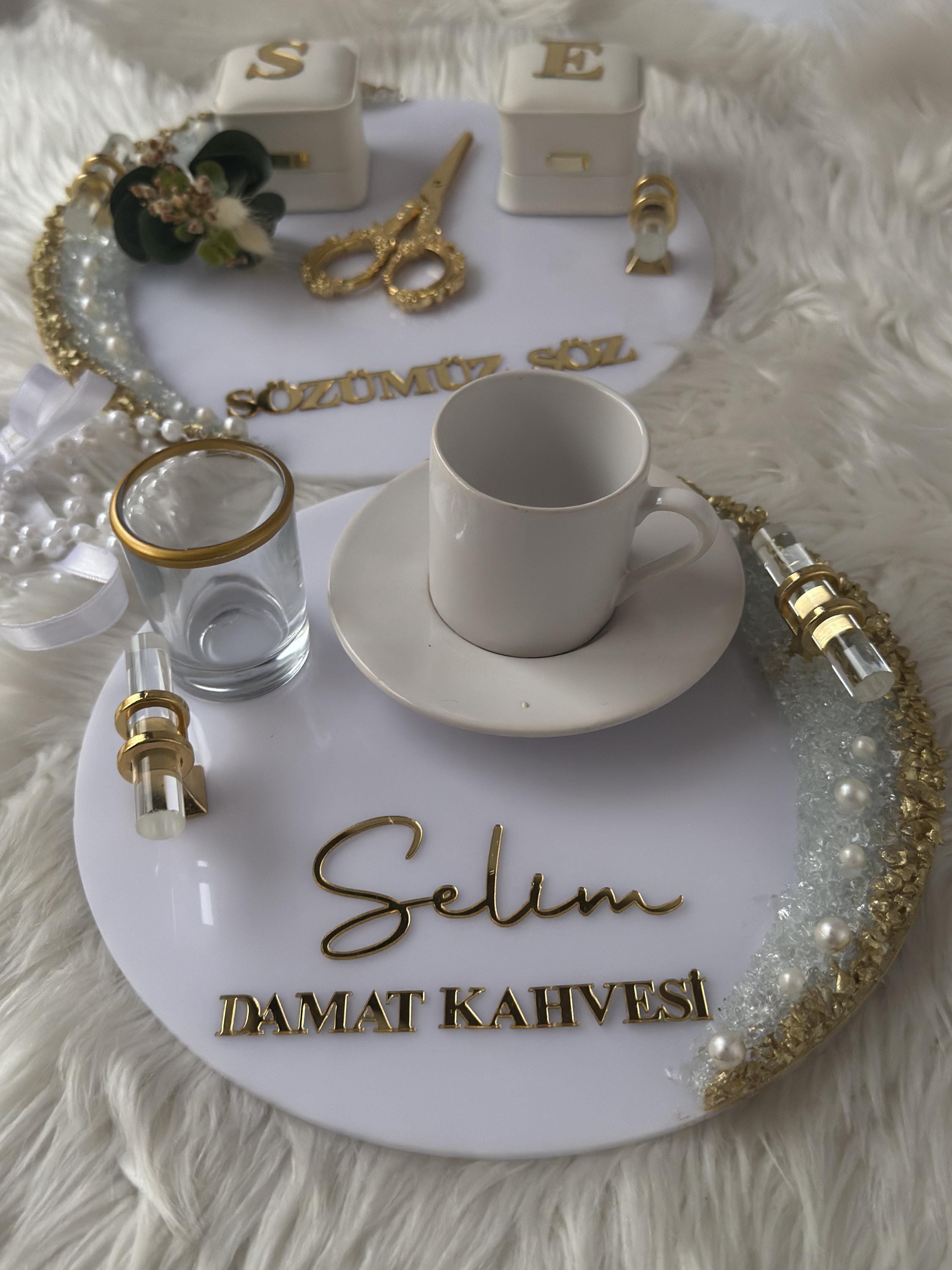 Damat Kahve Tepsi | Coffee Tray Set for Groom for Coffee Ceremony & Wedding - Handmade Acrylic Tray Decor, Wedding Gift