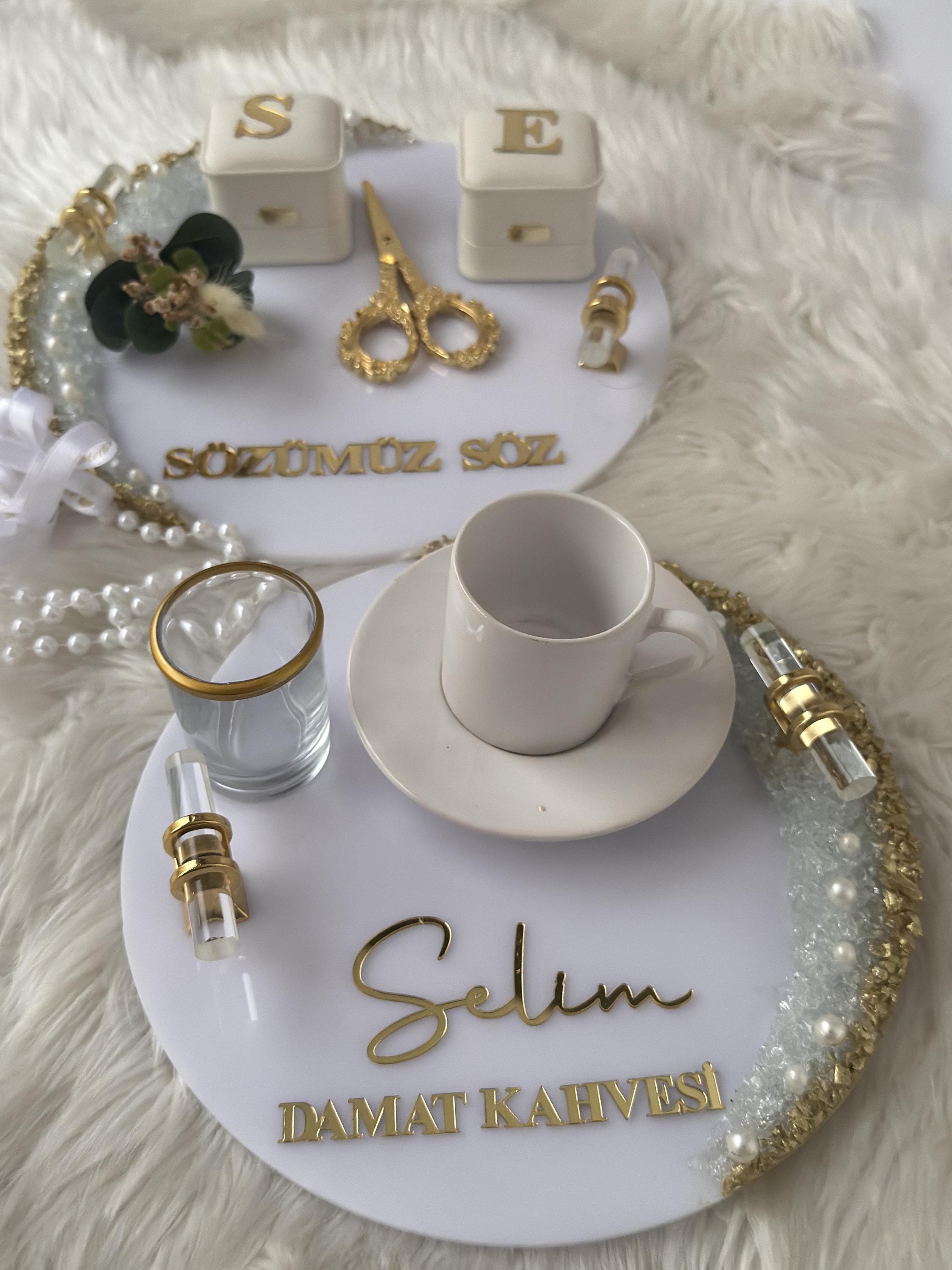 Damat Kahve Tepsi | Coffee Tray Set for Groom for Coffee Ceremony & Wedding - Handmade Acrylic Tray Decor, Wedding Gift