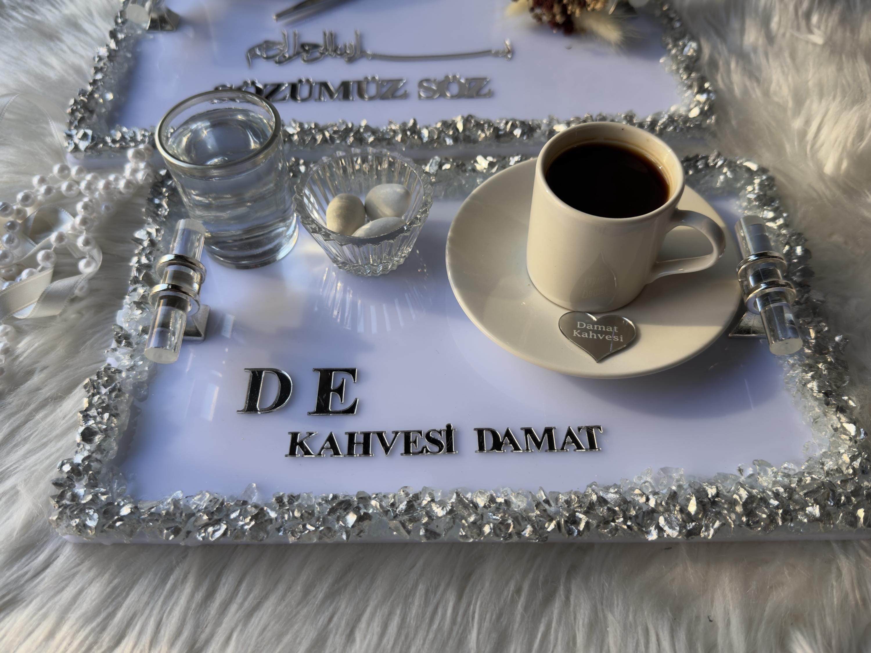 Damat Kahvesi Tepsi | Coffee Tray Set for Groom for Coffee Ceremony & Wedding - Handmade Acrylic Tray Decor, Ring Tray