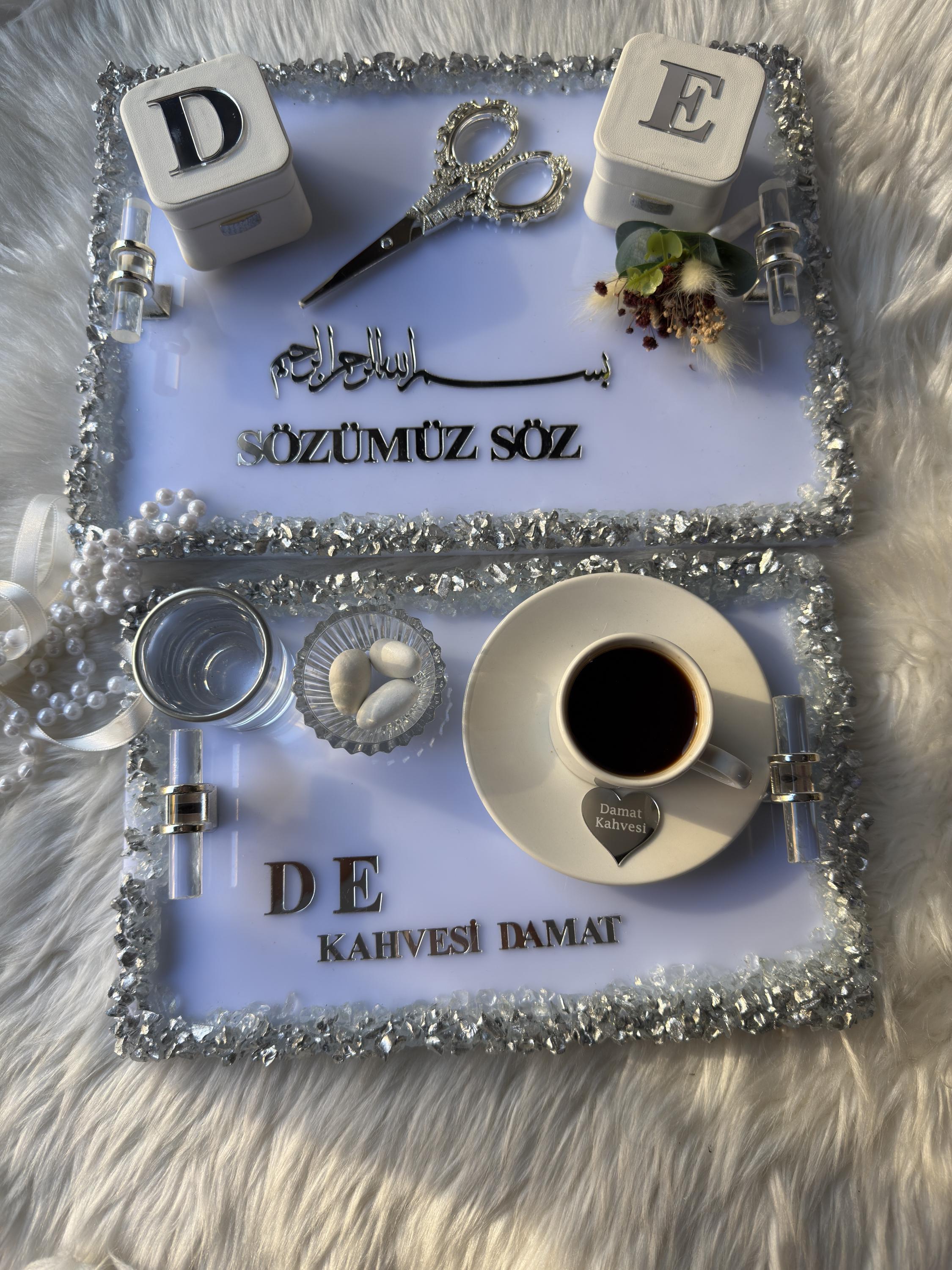 Damat Kahvesi Tepsi | Coffee Tray Set for Groom for Coffee Ceremony & Wedding - Handmade Acrylic Tray Decor, Ring Tray