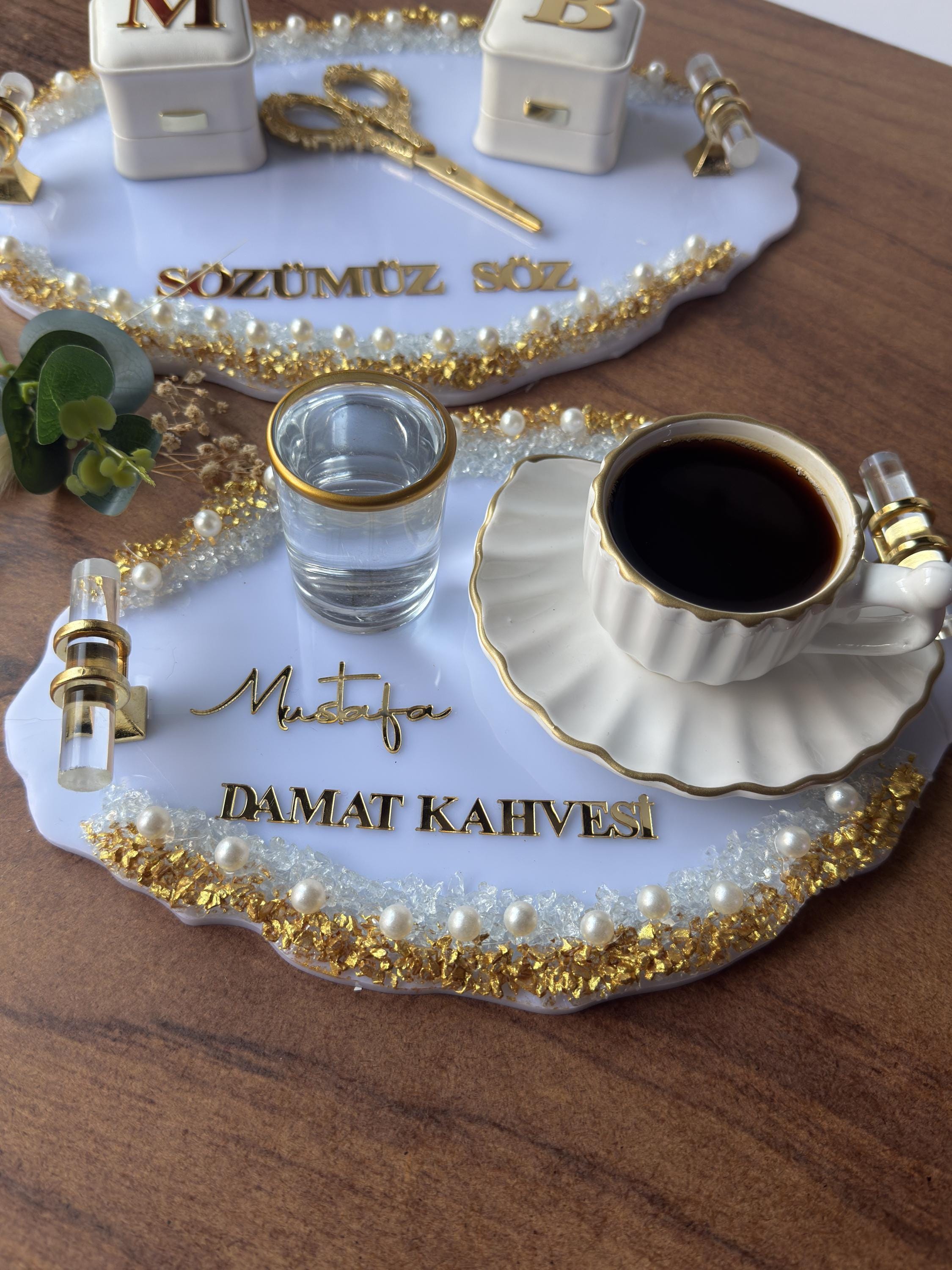 Personalized Damat Kahvesi Tray: Coffee Tray Set for Groom for Coffee Ceremony & Wedding | Turkish Wedding Decor