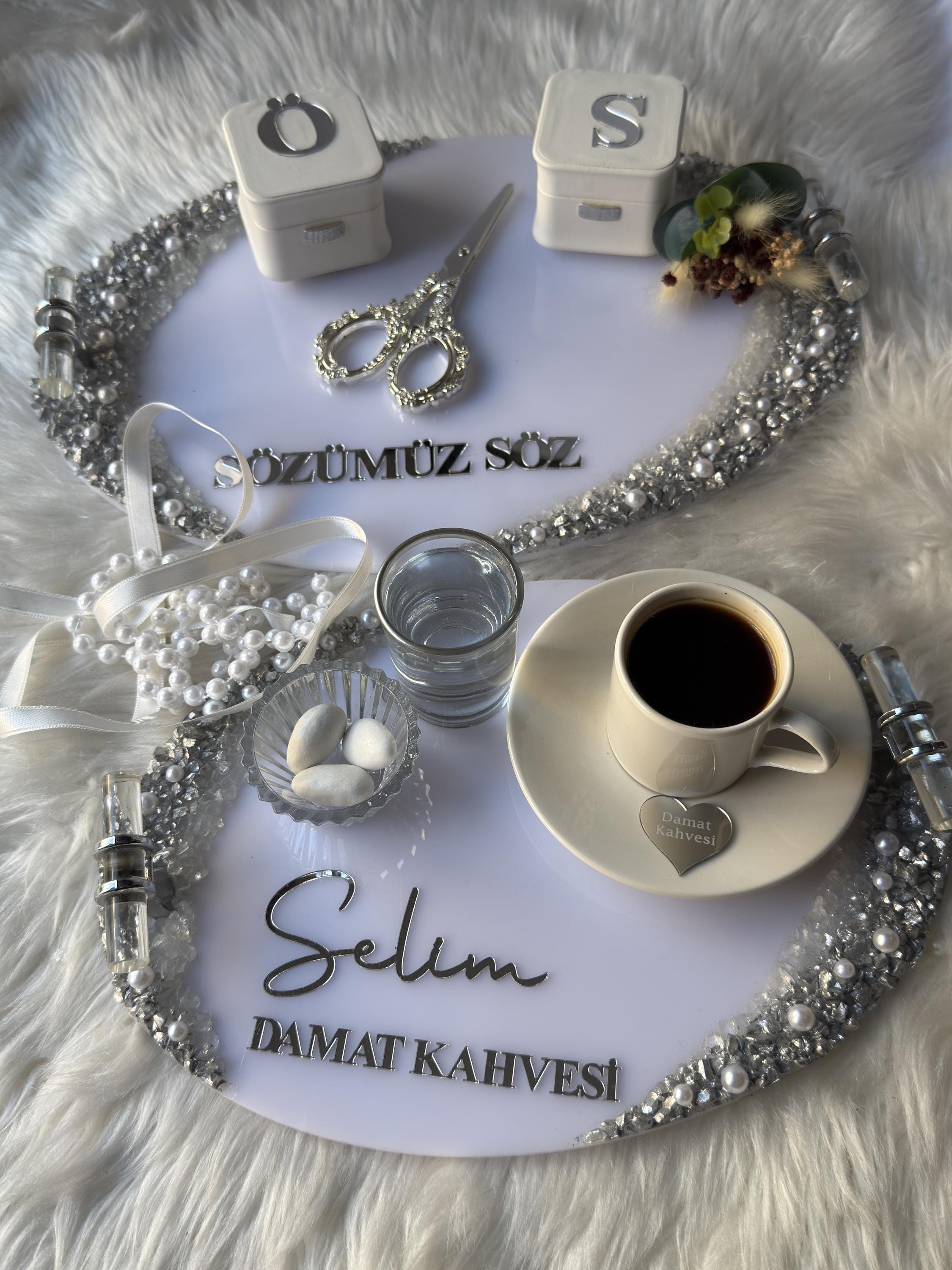 Personalized Nişan and Söz Tepsi Set: Personalized Ring Tray & Coffee Tray for Nişan and Söz | Modern Wedding Tray Decor
