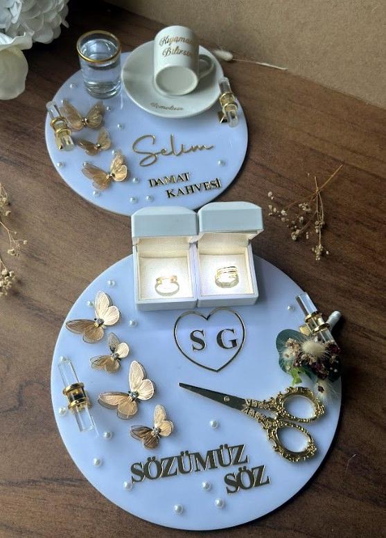 Söz Tepsisi Set - Ring Holder Tray Set, Söz, Nişan, Nikah, Handmade Acrylic Wedding Decor, Tepsi Seti, Turkish Tray